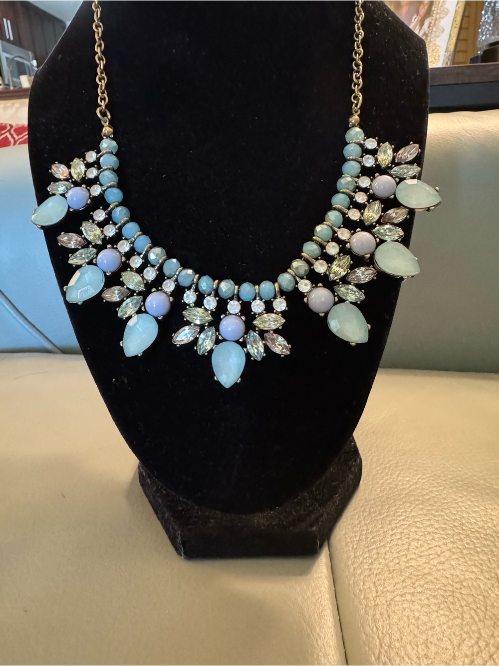 Iridescent Statement Teardrop Bib Crystal Rhinestone Necklace, Blue - Picture 2 of 4